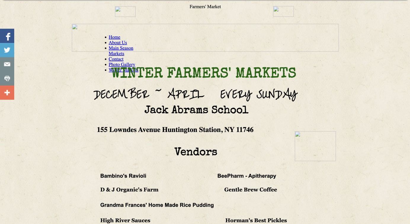 Partially preserved 2014 Winter Farmers Markets page