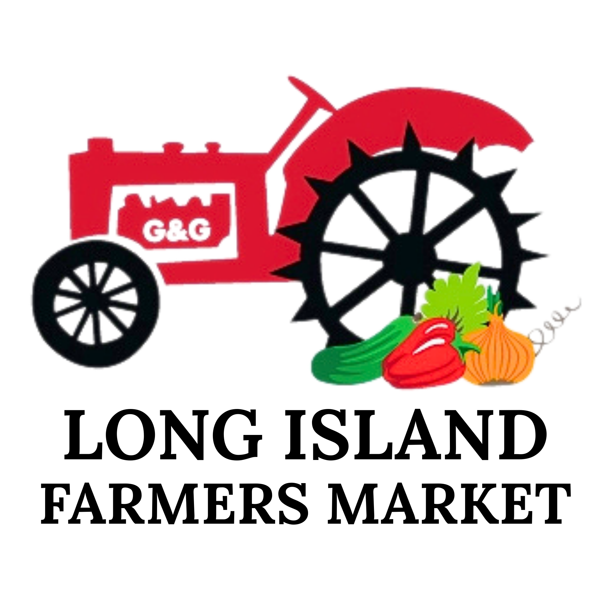 Original red tractor logo with vegetables and separate Long Island Farmers Market text
