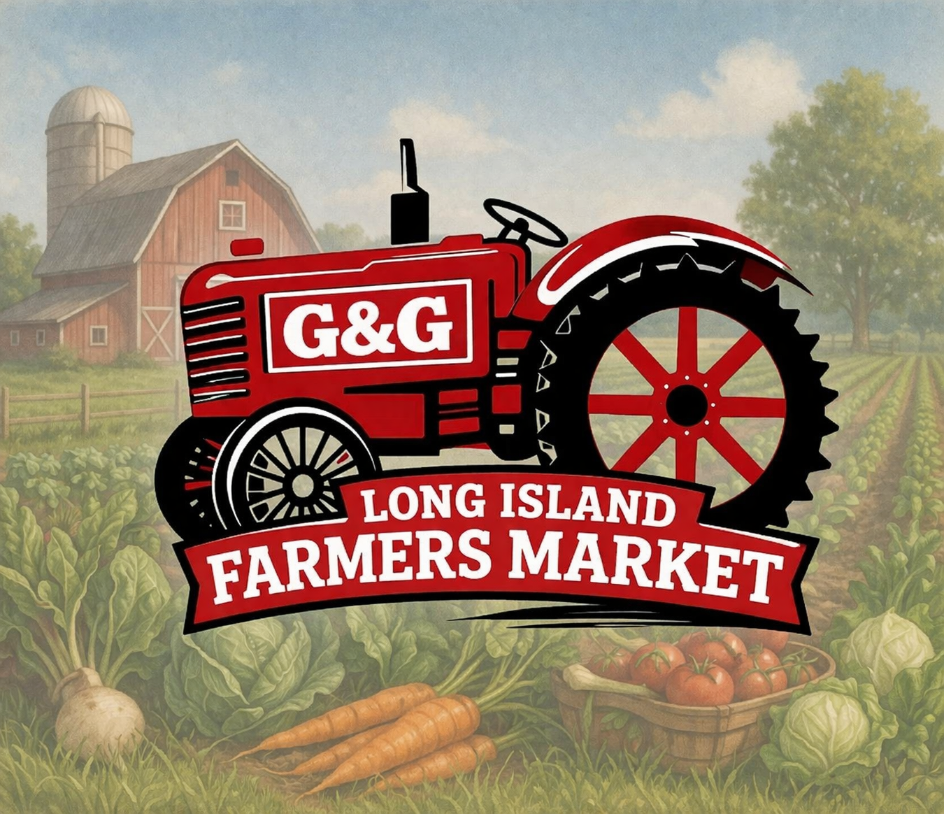 Refreshed Long Island Farmers Market identity over an illustrated farm scene