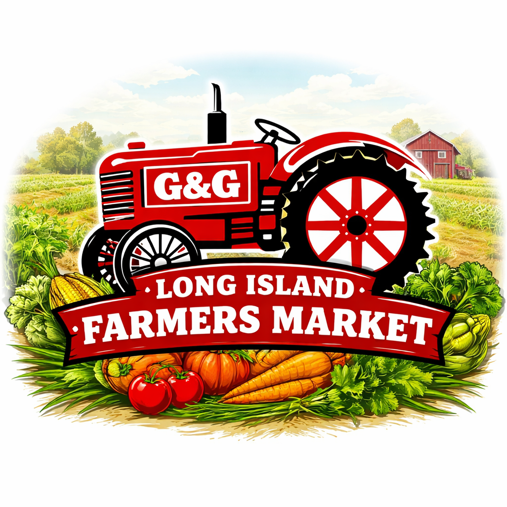 Refreshed tractor and name surrounded by vegetables, fields and a barn